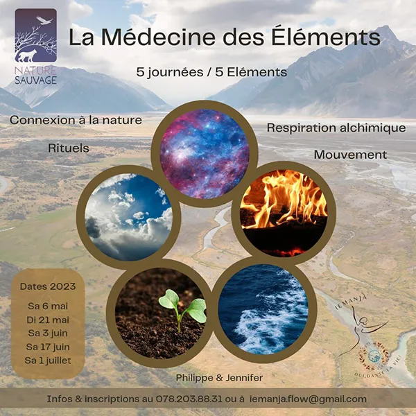 Flyer présentant les cinq éléments sur un fond de montagne. L'image contient des informations factuelles, répétées ci-dessous dans le texte.