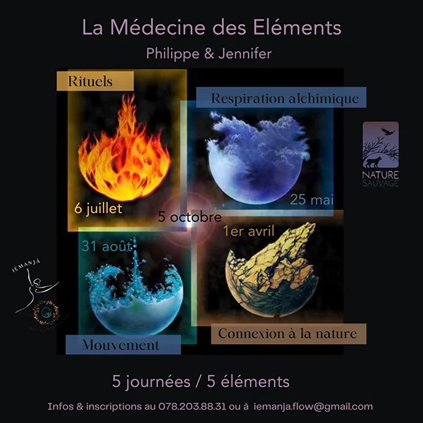 Flyer présentant les cinq éléments sur un fond de montagne. L'image contient des informations factuelles, répétées ci-dessous dans le texte.